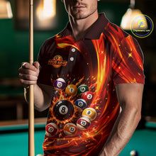 Load image into Gallery viewer, Person wearing a shirt with pool ball design holding a pool cue, with a pool table in the background.