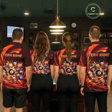 Load image into Gallery viewer, Four people wearing matching billiard team shirts in a bowling alley.