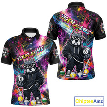 Load image into Gallery viewer, Front and back views of a vibrant billiards polo shirt featuring a american bully dog in sunglasses and a hoodie holding an 8-ball, set against colorful graffiti-style splatter artwork.
