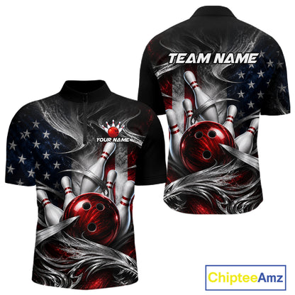 Front and back views of a short-sleeve bowling-themed polo shirt on a white background. The shirt features a bold graphic print with red bowling balls, white bowling pins, a red crown, and an American flag motif with gray smoke effects.