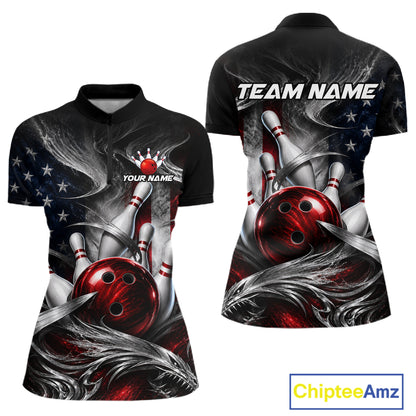 Front and back views of a customizable short-sleeve polo shirt with a bowling theme, featuring red bowling balls, pins, and an American flag design on a black background. The shirt includes placeholder text 'TEAM NAME' and 'YOUR NAME'.
