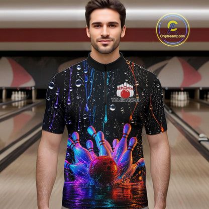 Man wearing a custom bowling quarter zip shirt with colorful design in a bowling alley.
