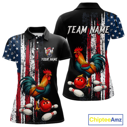American Flag Rooster Bowling Jersey for Women Bowling Team Shirts Bowling Polo & 1/4 Zip HNT253