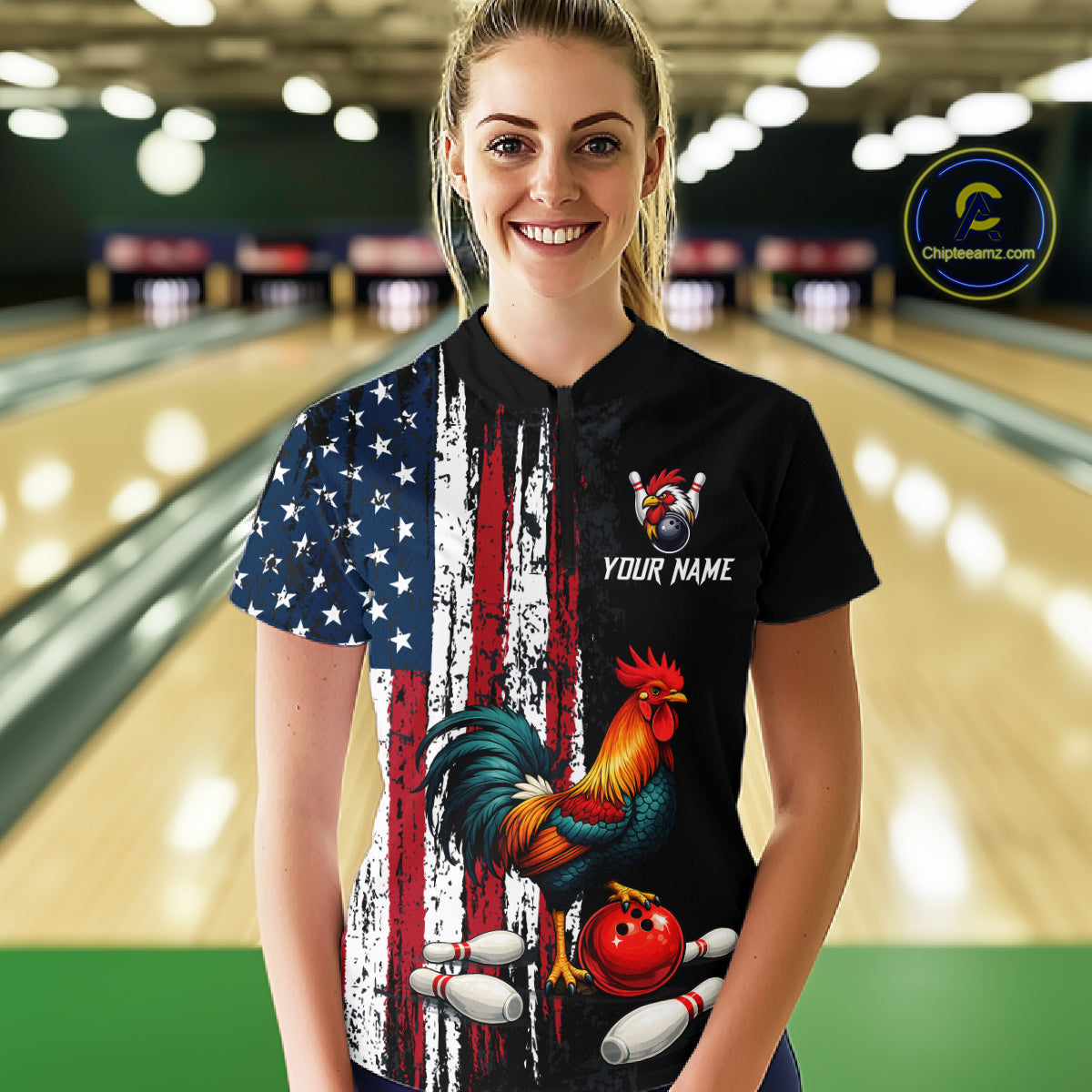 American Flag Rooster Bowling Jersey for Women Bowling Team Shirts Bowling Polo & 1/4 Zip HNT253