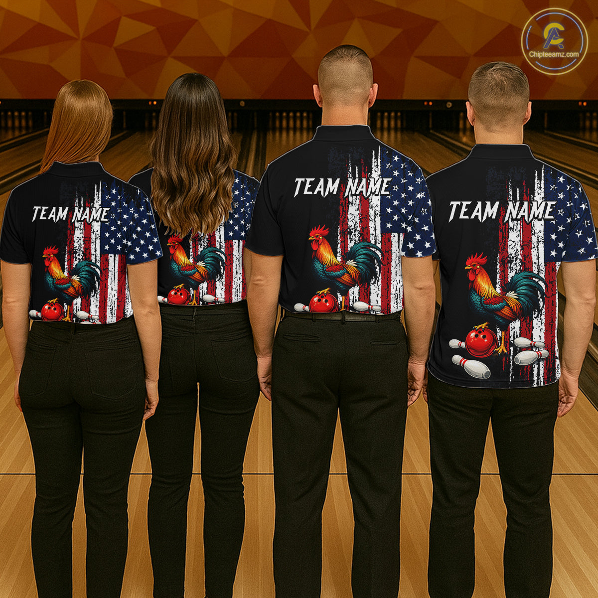 American Flag Rooster Bowling Jersey for Women Bowling Team Shirts Bowling Polo & 1/4 Zip HNT253