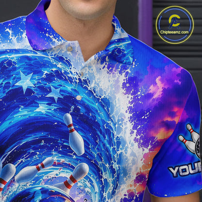 Custom American Wave Patriotic Bowling Jersey for Men Unisex Bowling Team Shirts Polo & 1/4 Zip HNT343