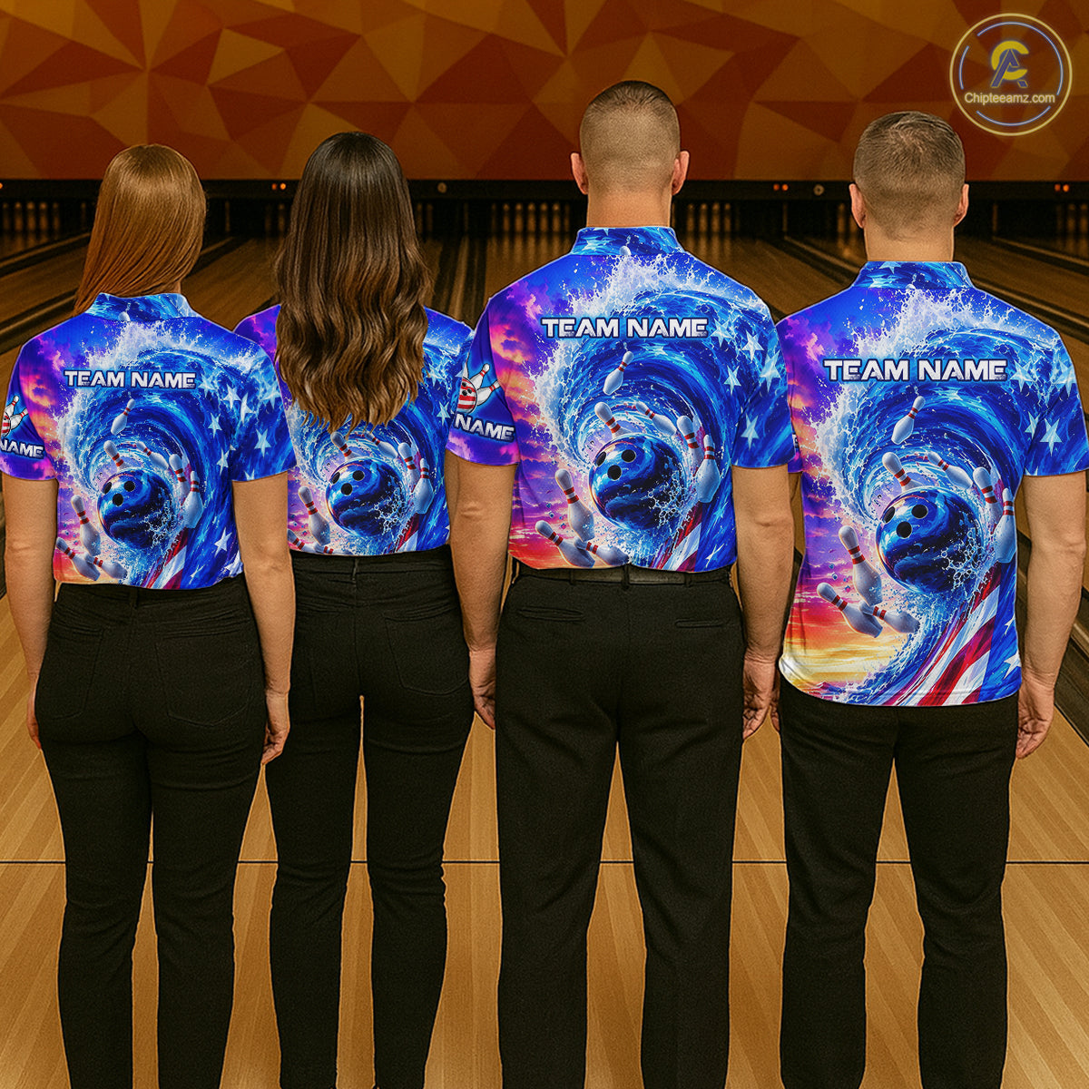 Custom American Wave Patriotic Bowling Jersey for Men Unisex Bowling Team Shirts Polo & 1/4 Zip HNT343