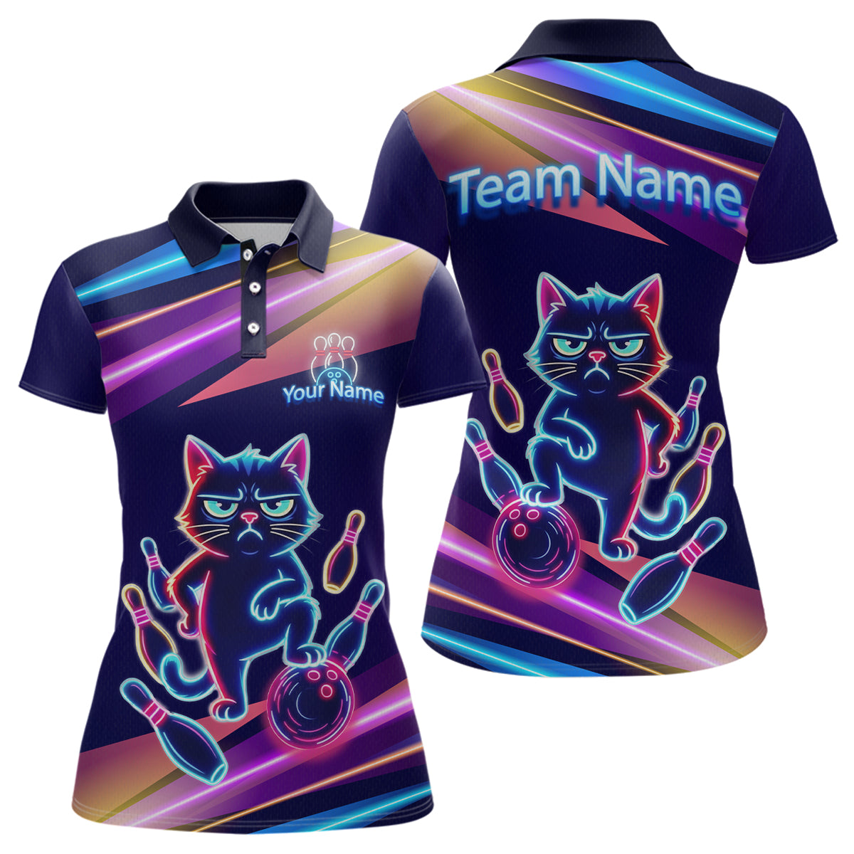Custom Funny Cat Neon Bowling Jerseys for Women Bowling League Polo & 1/4 Zip Bowling Team Shirts HNT202