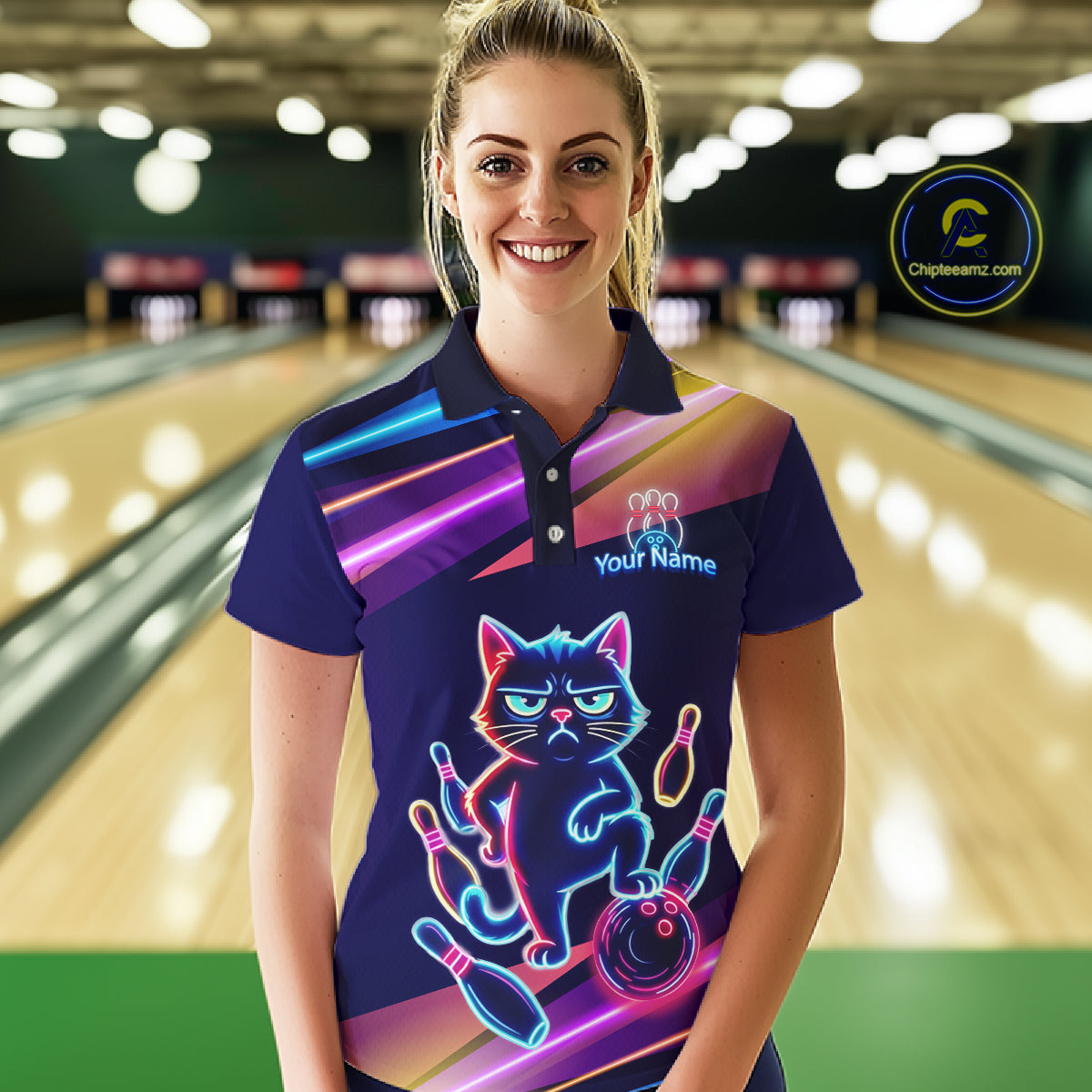 Custom Funny Cat Neon Bowling Jerseys for Women Bowling League Polo & 1/4 Zip Bowling Team Shirts HNT202