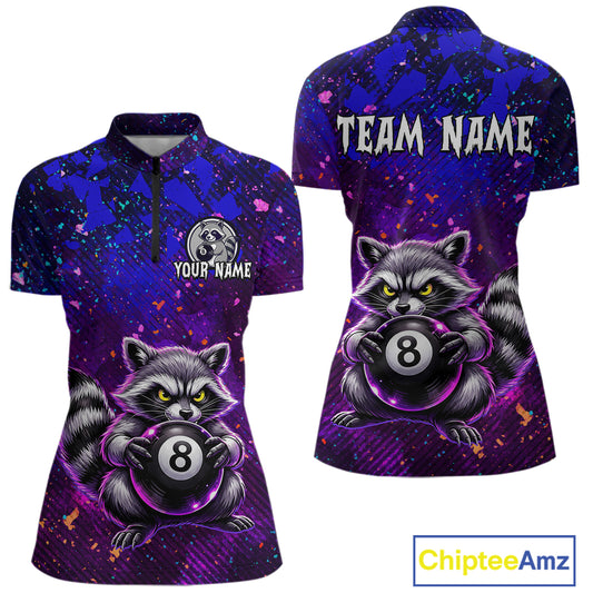 Personalized Funny Raccoon 8 Ball Pool Women Billiard Polo & 1/4 Zip, Billiard Shirt, Billiard Team Jerseys NNT145