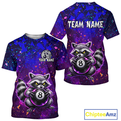 Two t-shirts with raccoon design and customizable text on a white background