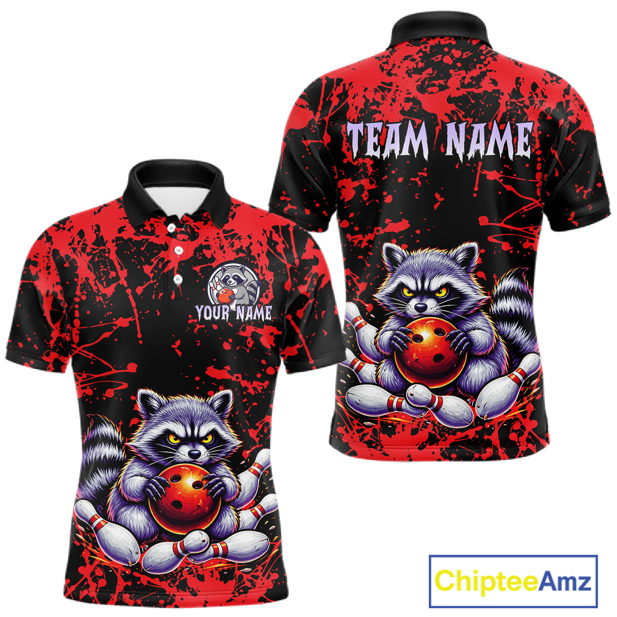 Custom Red Raccoon Bowling Jersey for Men Bowling Uniform Polo & 1/4 Zip Bowling Team Shirts HNT224