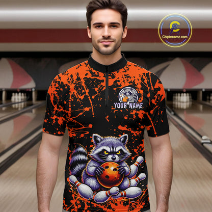 Custom Orange Raccoon Bowling Jersey for Men Bowling Uniform Polo & 1/4 Zip Bowling Team Shirts HNT224