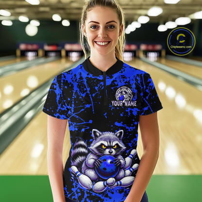 Custom Blue Raccoon Bowling Jersey for Women Bowling Uniform Polo & 1/4 Zip Bowling Team Shirts HNT224