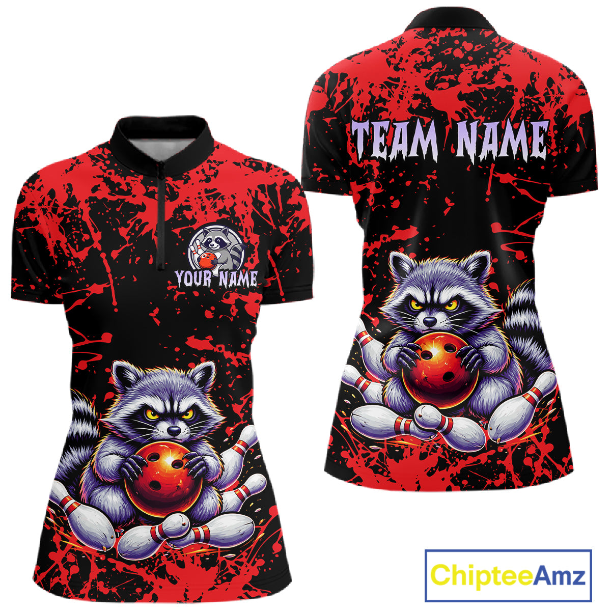Custom Red Raccoon Bowling Jersey for Women Bowling Uniform Polo & 1/4 Zip Bowling Team Shirts HNT224