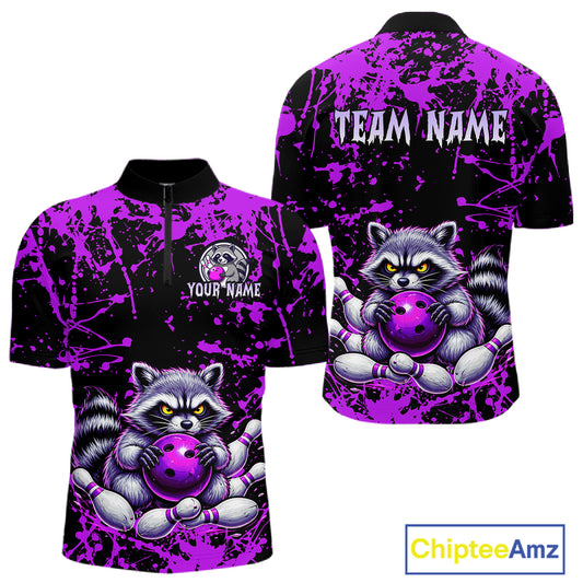 Custom Purple Raccoon Bowling Jersey for Men Bowling Uniform Polo & 1/4 Zip Bowling Team Shirts HNT224