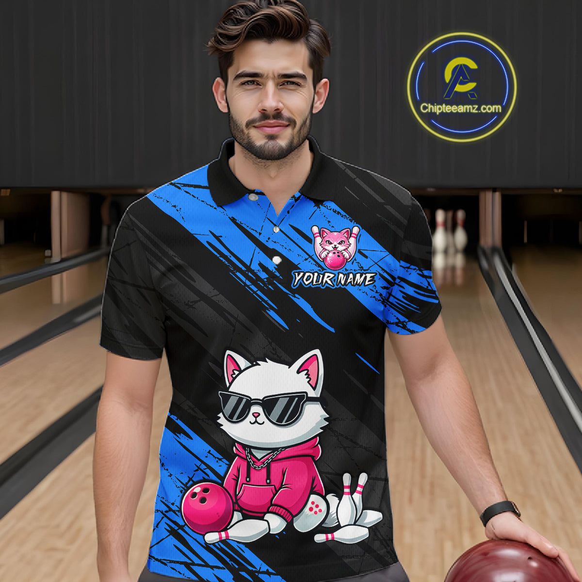Custom Funny Blue Cat Bowling Jersey for Men Bowling Team Shirts Bowling Polo & 1/4 Zip HNT257