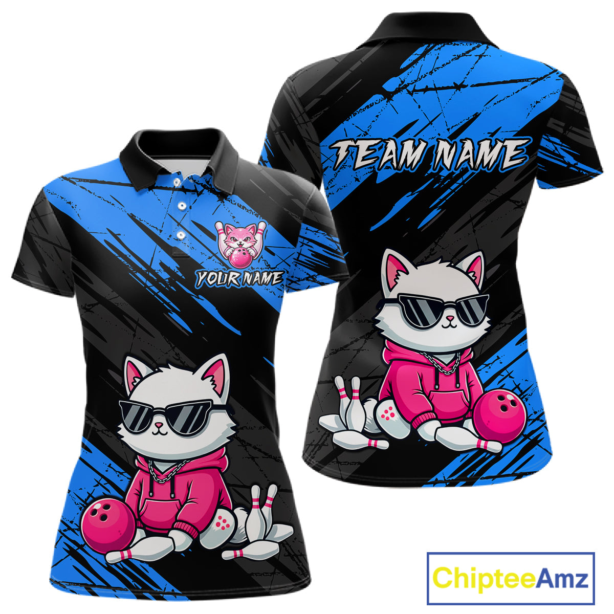 Custom Funny Blue Cat Bowling Jersey for Women Bowling Team Shirts Bowling Polo & 1/4 Zip HNT257