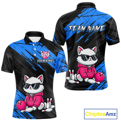 Custom Funny Blue Cat Bowling Jersey for Men Bowling Team Shirts Bowling Polo & 1/4 Zip HNT257