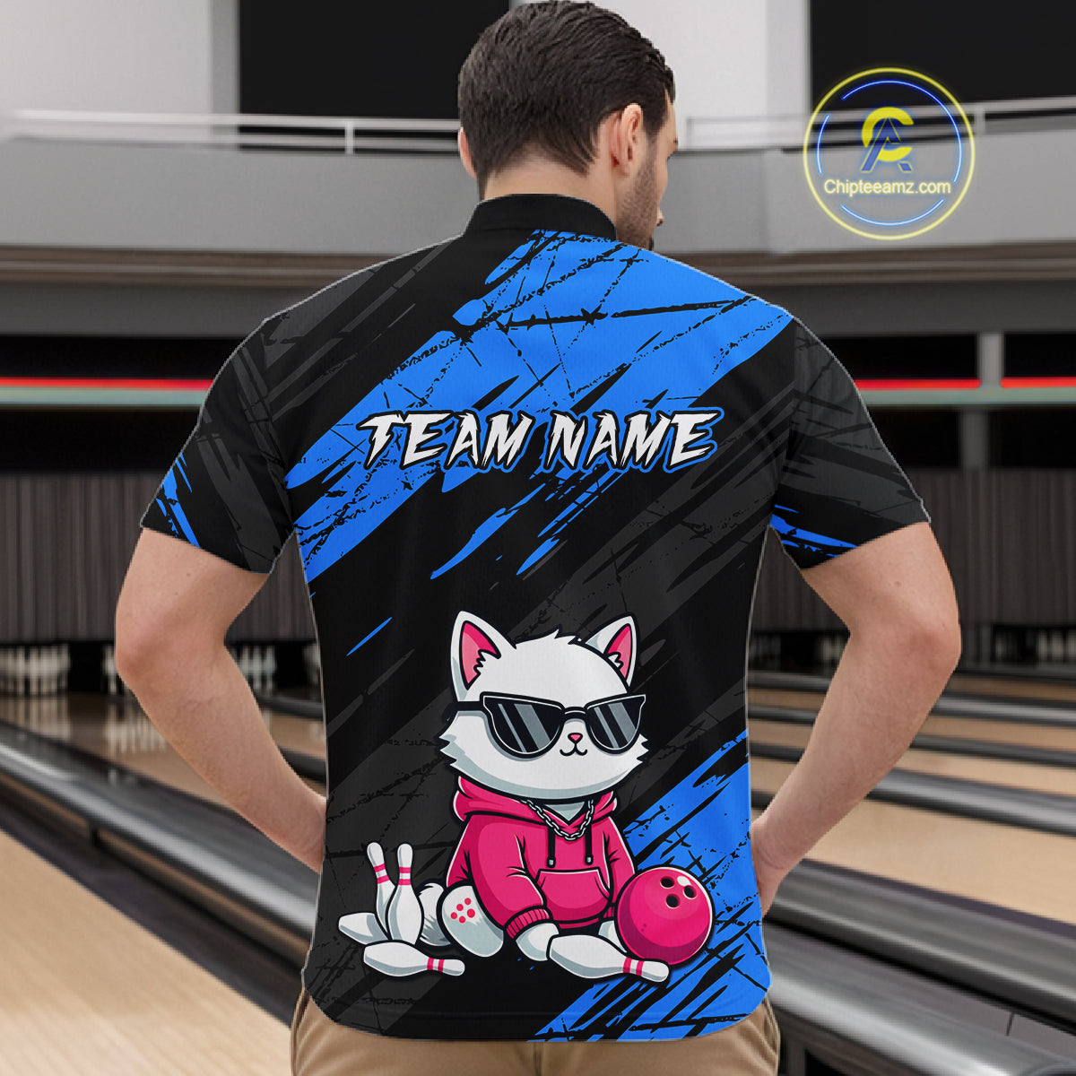 Custom Funny Blue Cat Bowling Jersey for Men Bowling Team Shirts Bowling Polo & 1/4 Zip HNT257
