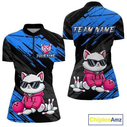 Custom Funny Blue Cat Bowling Jersey for Women Bowling Team Shirts Bowling Polo & 1/4 Zip HNT257