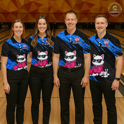 Custom Funny Blue Cat Bowling Jersey for Men Bowling Team Shirts Bowling Polo & 1/4 Zip HNT257
