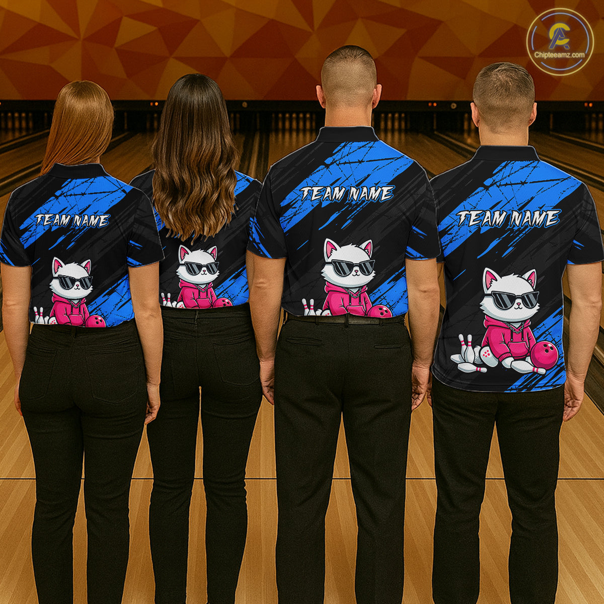 Custom Funny Blue Cat Bowling Jersey for Men Bowling Team Shirts Bowling Polo & 1/4 Zip HNT257