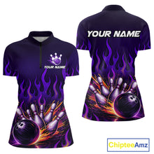 Load image into Gallery viewer, Purple Flaming Bowling Jersey for Women Custom Bowling League Bowling Team Shirts HN293