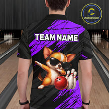 Load image into Gallery viewer, Person wearing a bowling shirt with a dog graphic and 'TEAM NAME' text in a bowling alley.
