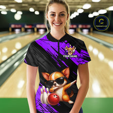 Load image into Gallery viewer, Person wearing a custom bowling shirt with a dog design in a bowling alley.