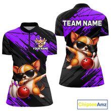 Load image into Gallery viewer, Two views of a polo shirt with a dog bowling design, customizable text, and Chiptee Amz branding.