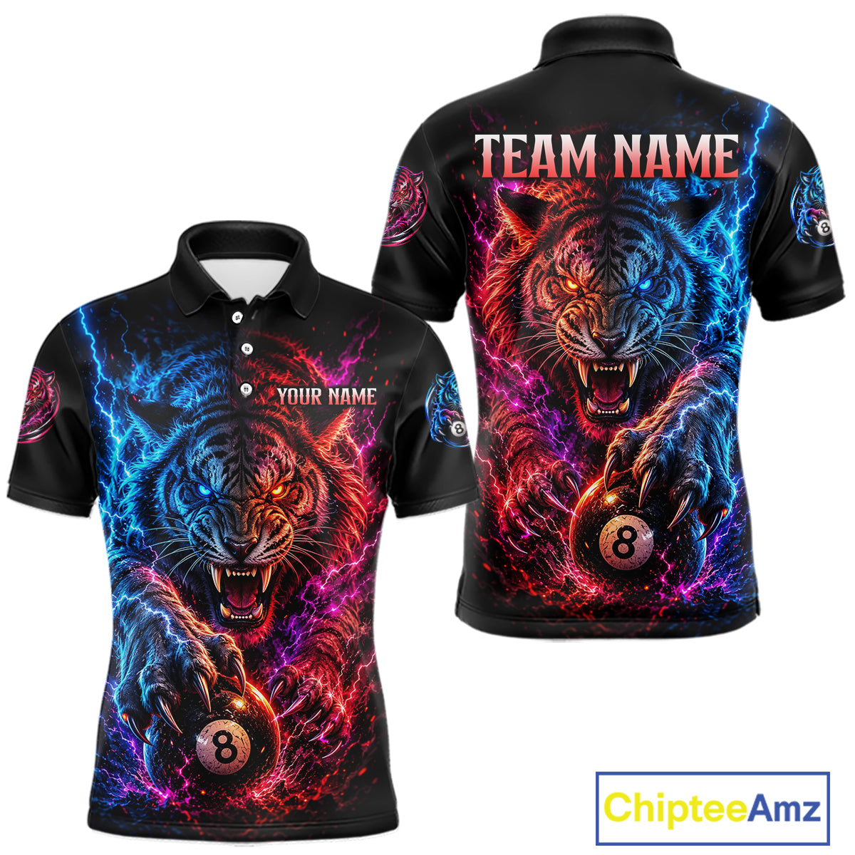 Polo shirt with tiger design and customizable text on a white background