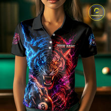 Load image into Gallery viewer, Person wearing a black polo shirt with a colorful tiger design and 'Your Name' text, pool table in the background.