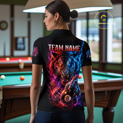 Person wearing a black t-shirt with a colorful tiger design and 'Team Name' text in a pool hall.