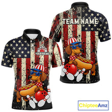 Load image into Gallery viewer, Polo shirt with American flag design and cartoon dog holding a hot dog and bowling ball, customizable with 'Your Name' and 'Team Name'.