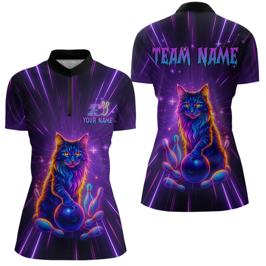 Custom Neon Cat Bowling Jersey for Women Bowling Team Shirts Bowling League Polo & 1/4 Zip HNT153