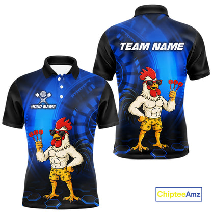Custom Blue Funny Chicken Darts Shirt for Men Darts Team Jerseys Polo & 1/4 Zip Dart League NNT131