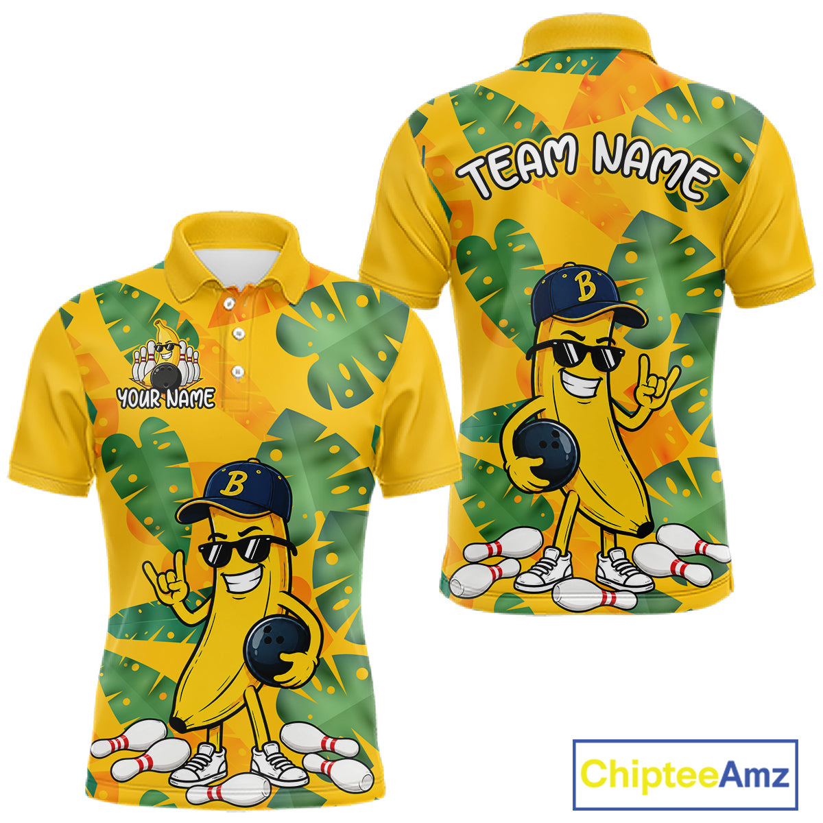 Front and back views of a bright yellow polo shirt with tropical leaf patterns, featuring a cartoon banana character wearing sunglasses and holding a bowling ball among scattered pins.