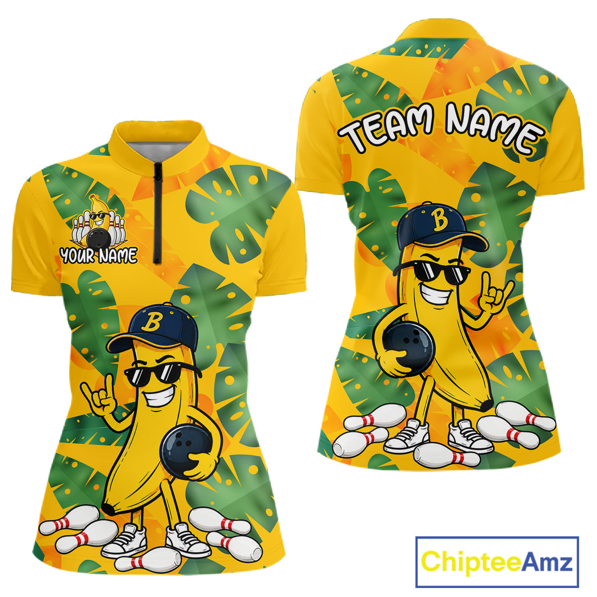 Front and back views of a bright yellow quarter zip shirt with tropical leaf patterns, featuring a cartoon banana character wearing sunglasses and holding a bowling ball among scattered pins.