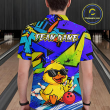Load image into Gallery viewer, Men wearing a vibrant blue bowling polo featuring a cartoon duck in sunglasses, bowling pins, a red bowling ball, and personalized name and team name text.