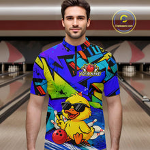 Load image into Gallery viewer, Men wearing a vibrant blue bowling quarter zip featuring a cartoon duck in sunglasses, bowling pins, a red bowling ball, and personalized name and team name text.