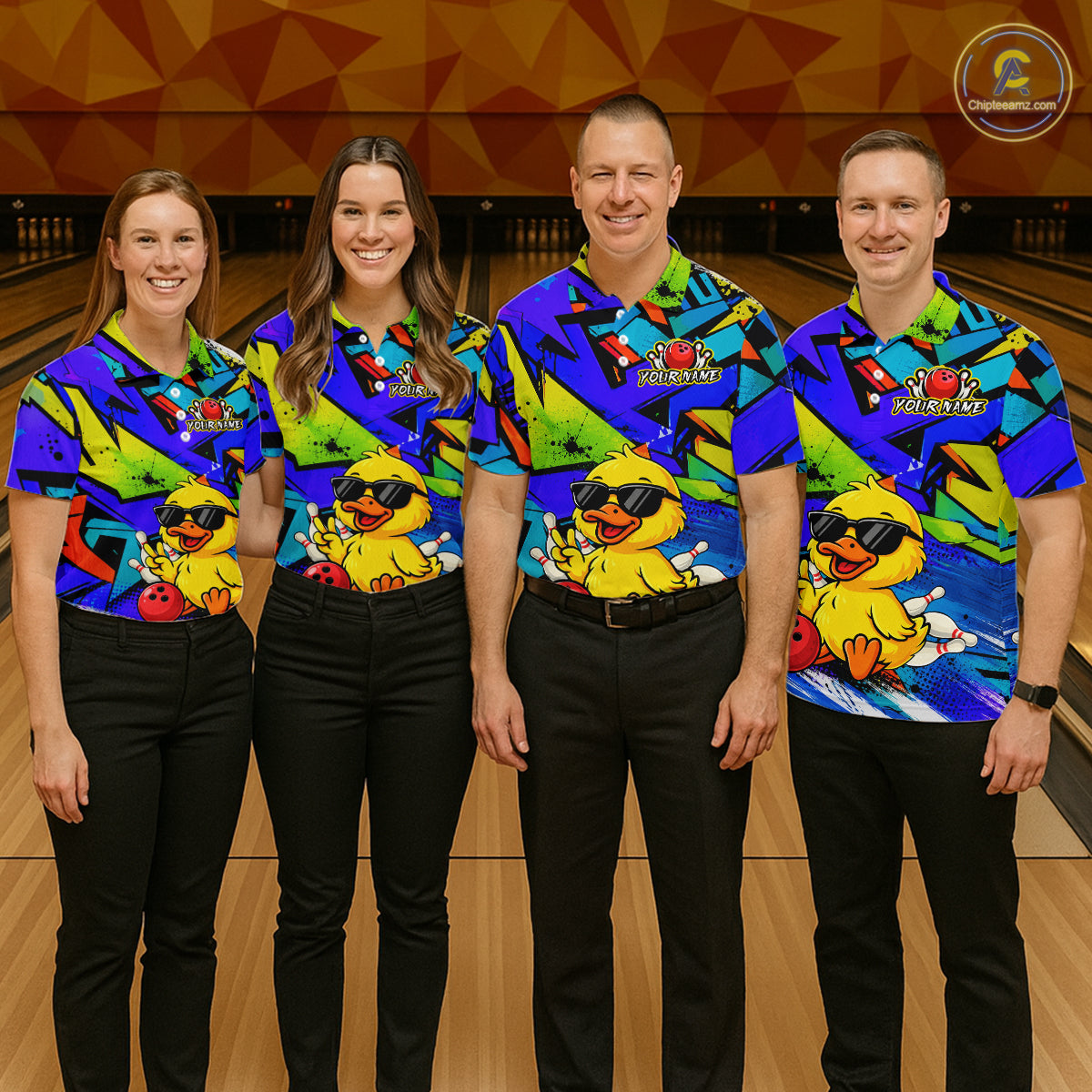 Four people wearing a vibrant blue bowling polo featuring a cartoon duck in sunglasses, bowling pins, a red bowling ball, and personalized name and team name text.