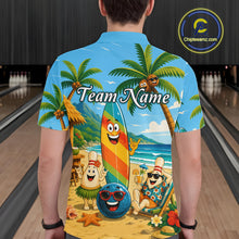 Load image into Gallery viewer, Person wearing a colorful shirt with beach-themed graphics and 'Team Name' text in a bowling alley.