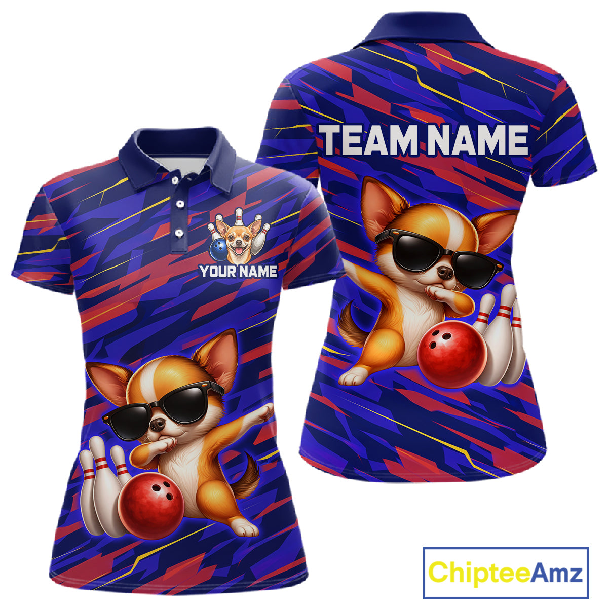 Custom Chihuahua Dog Bowling Jersey for Women Bowling Uniform Polo & 1/4 Zip Bowling Team Shirts HNT262