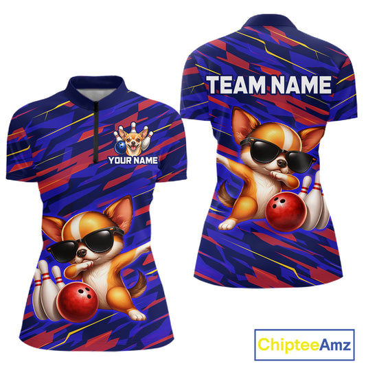Custom Chihuahua Dog Bowling Jersey for Women Bowling Uniform Polo & 1/4 Zip Bowling Team Shirts HNT262