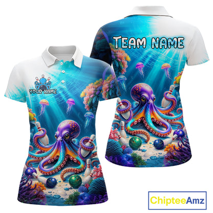 Front and back views of a white and ocean-blue bowling polo shirt featuring a vibrant underwater scene with a purple octopus, floating jellyfish, coral reefs, and scattered bowling pins.