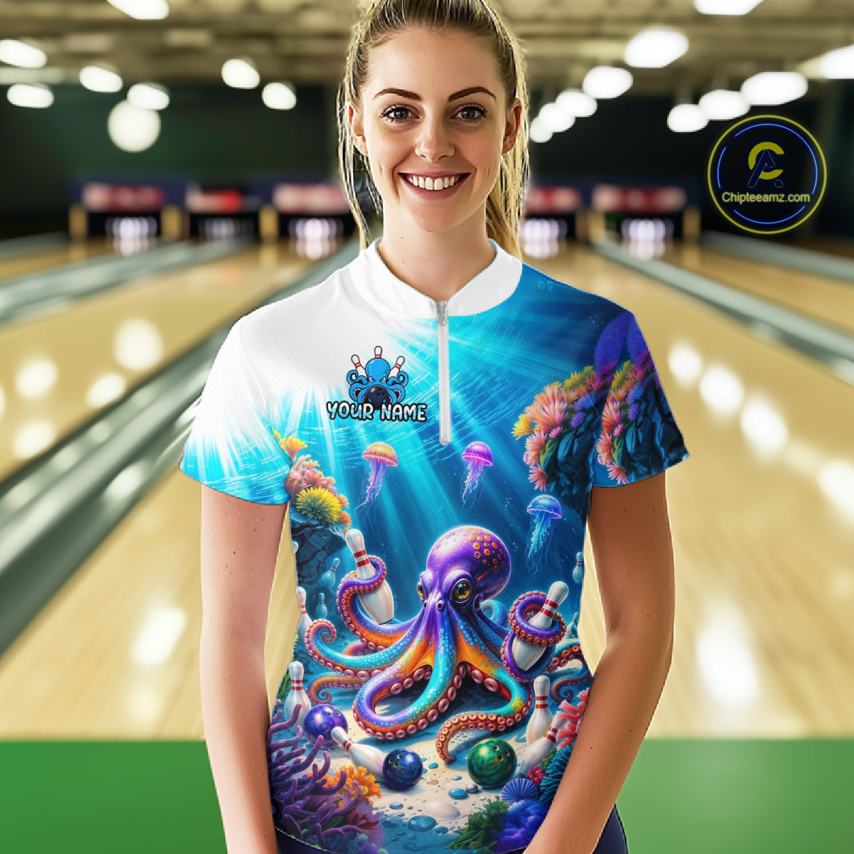 Woman wearing a colorful shirt with an octopus design in a bowling alley.