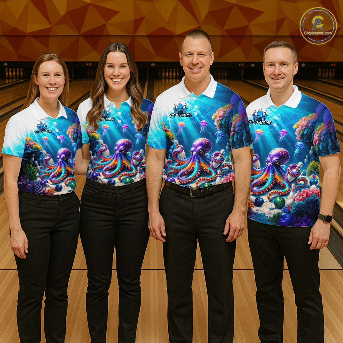Four people wearing colorful bowling shirts with octopus designs on a bowling alley.