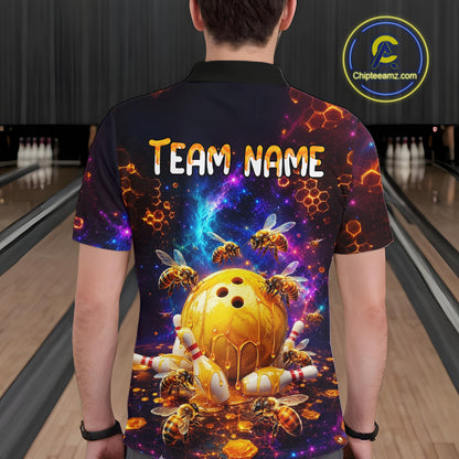 Man bowling posing in matching dark cosmic shirts with honeycomb patterns, bees, dripping golden bowling balls, and custom name text.