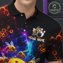 Load image into Gallery viewer, Black polo shirt with bee design and customizable text on a dark background